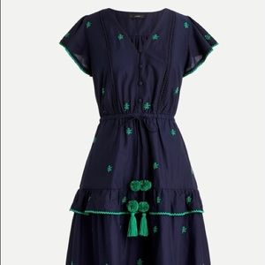 Jcrew embroidered v neck midi dress. Navy with Green tassels and embroidery.